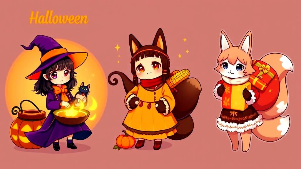 Adorable Seasonal Anime Kitsune Characters in 3D Triptych