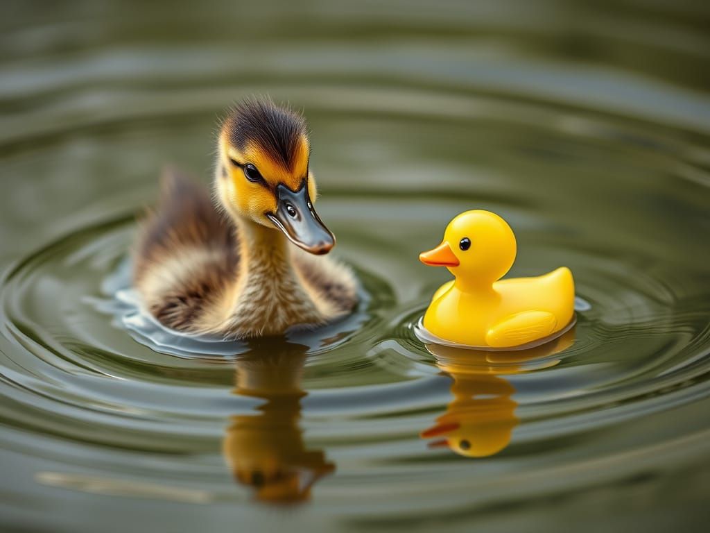 Adorable Duckling Meets Confused Rubber Ducky in Shallow Pon...
