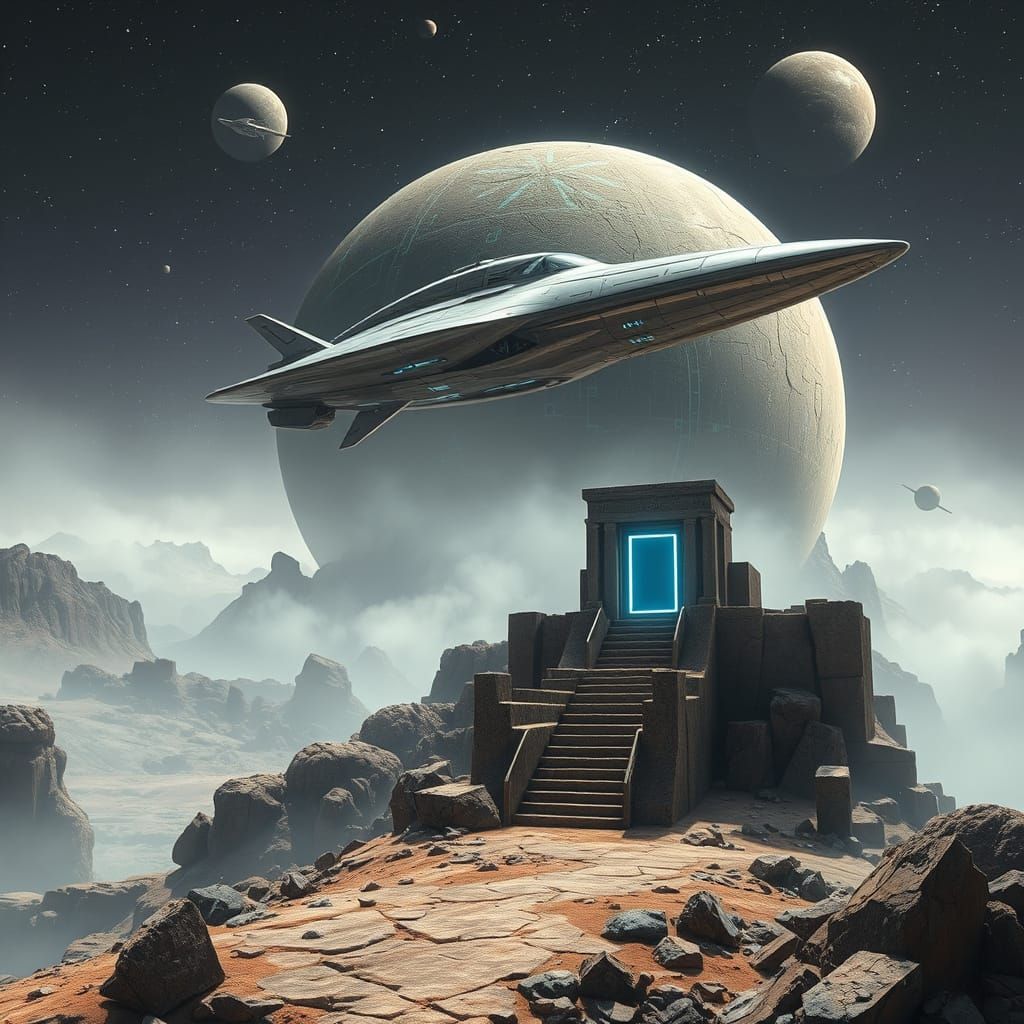 Futuristic Spaceship Soars Over a Mysterious, Ancient Planet