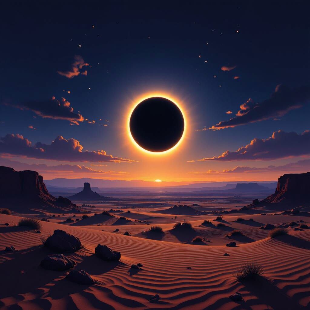 Solar Eclipse Over Desert Landscape in Hyperrealistic Style