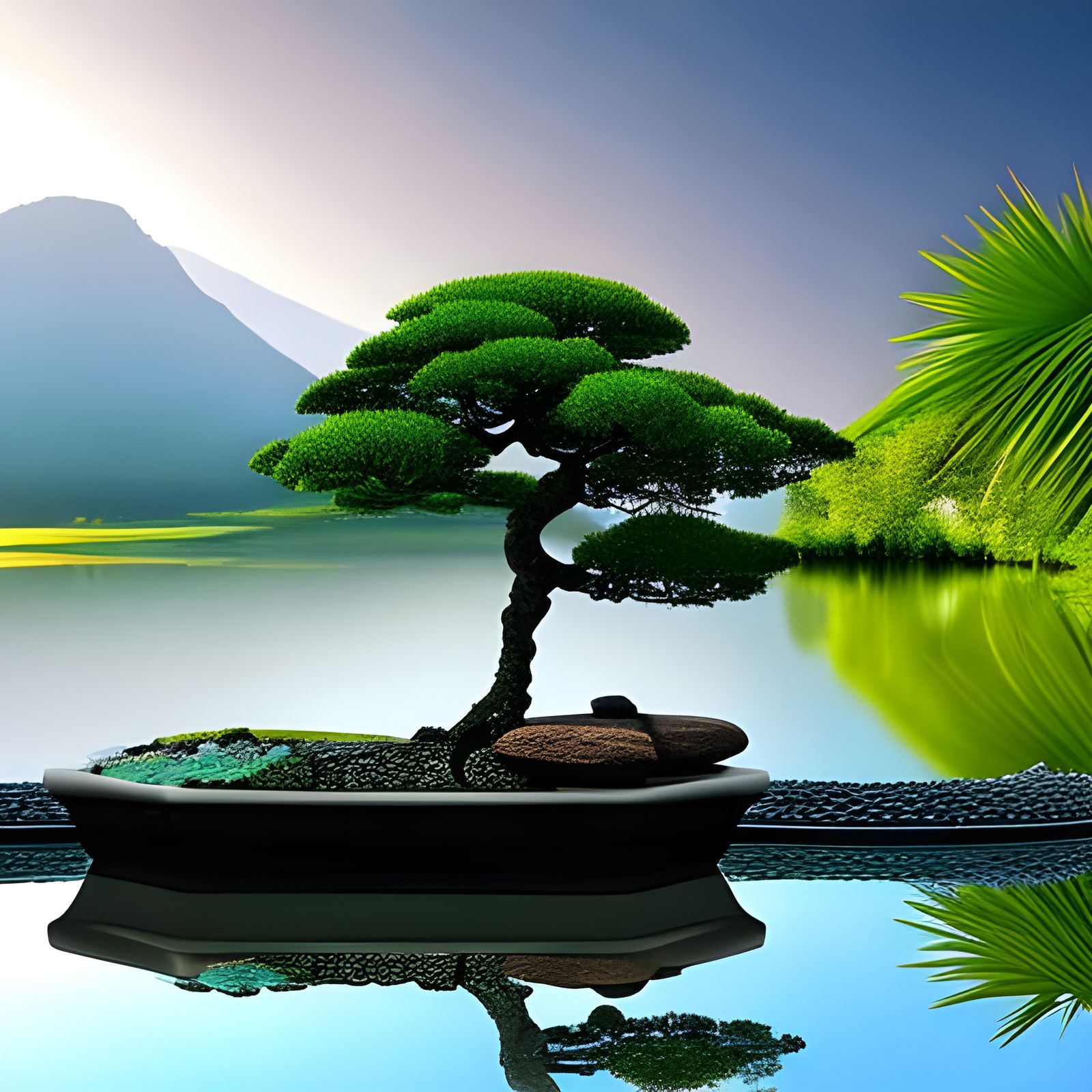 Zen Bonsai by Turquoise Lake at Sunset