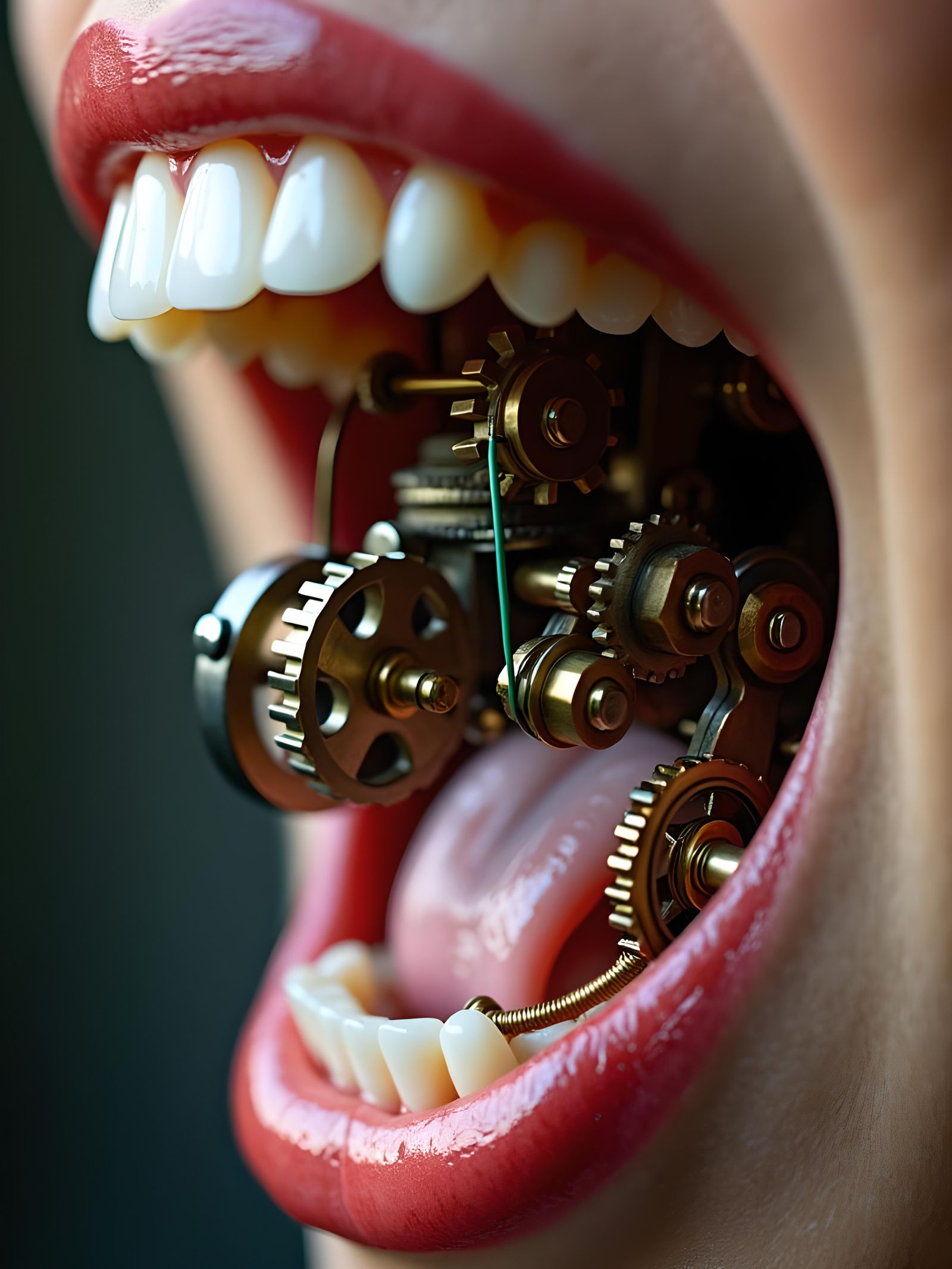 Steampunk Cyborg: Gears and Wiring in Mouth