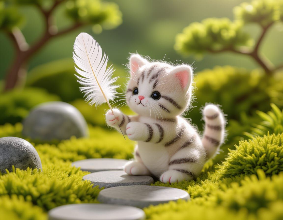 Felted Kitten in Kawaii Japanese Garden
