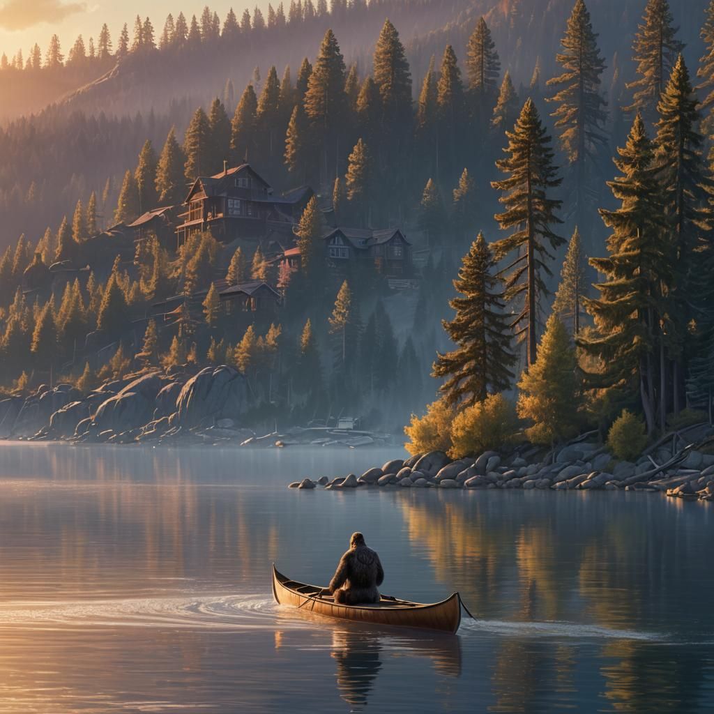 Bigfoot Rows Canoe on Serene Lake Tahoe at Sunset