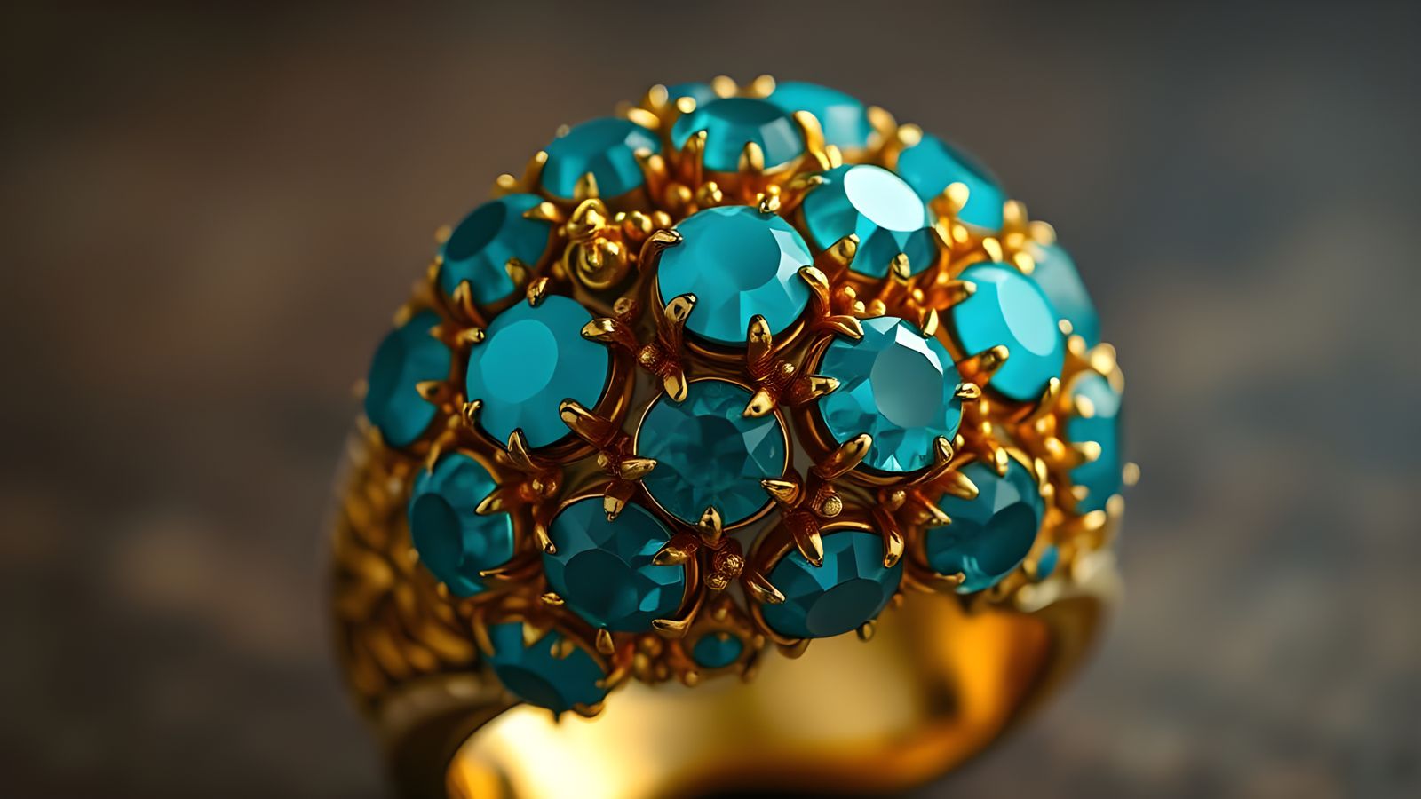 Gold Ring with Turquoise Gems, Hyperrealistic Detail