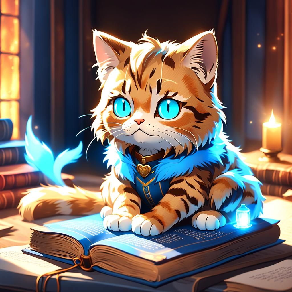 Tabby Cat Reading an Anime Fantasy Novel