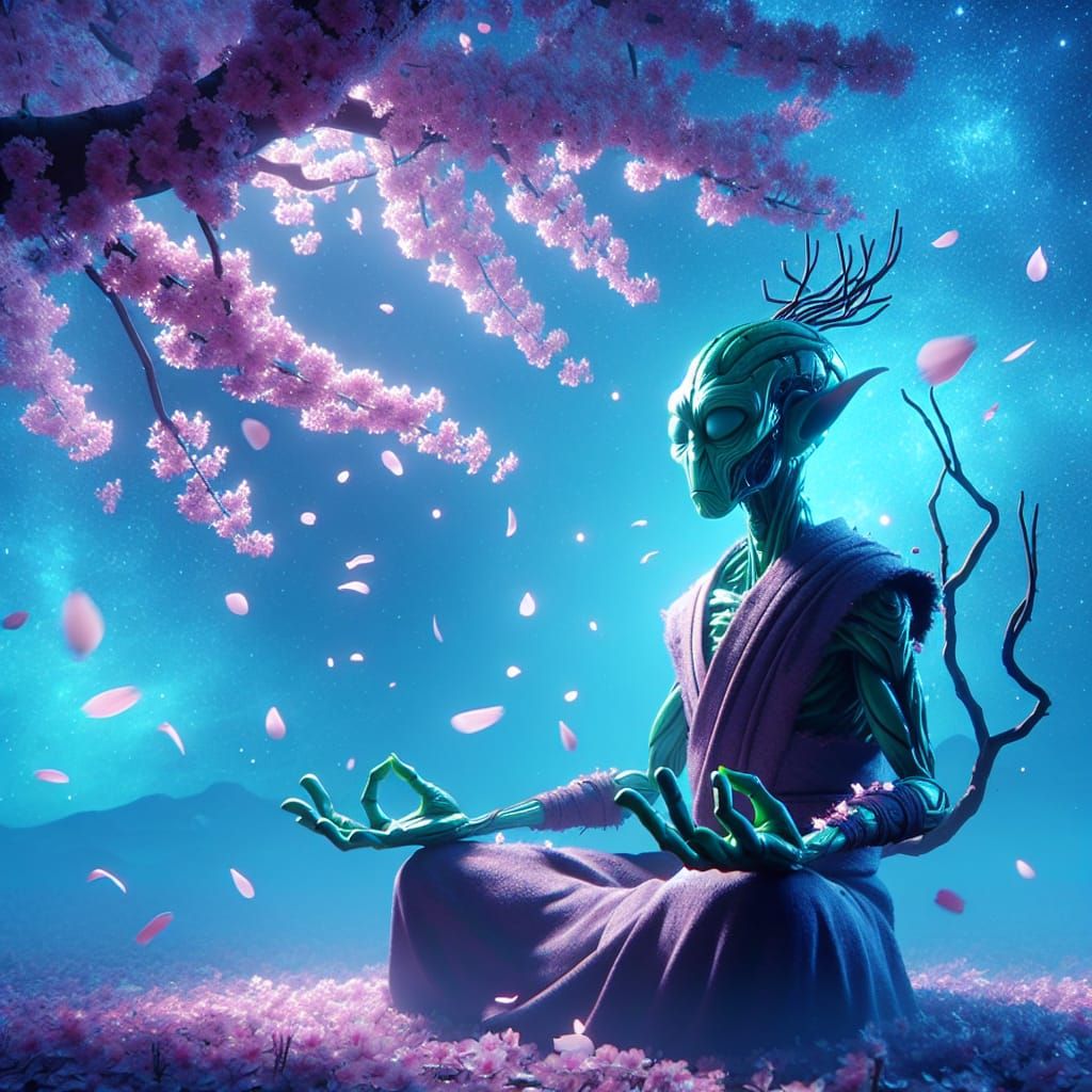 Alien Meditating Under Sakura Tree at Night