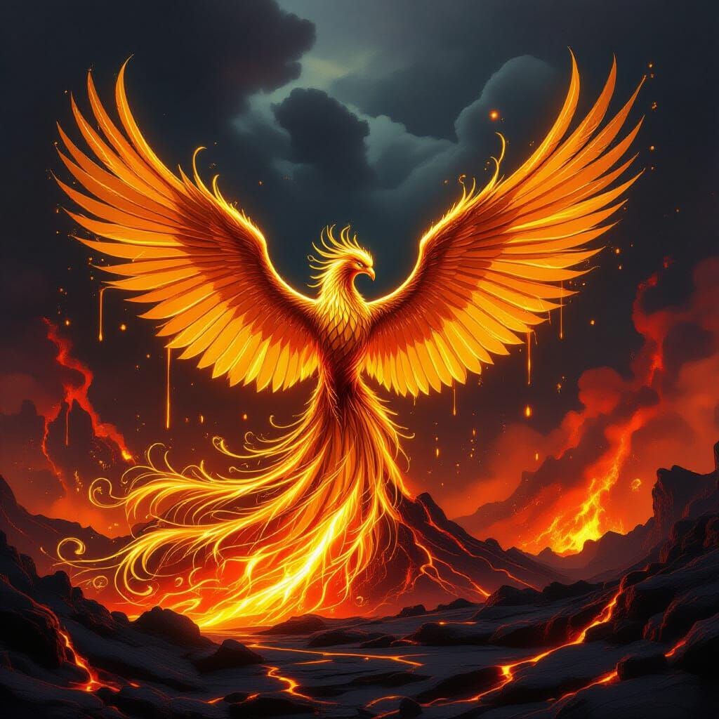 Molten Gold Phoenix Amidst Volcanic Eruption
