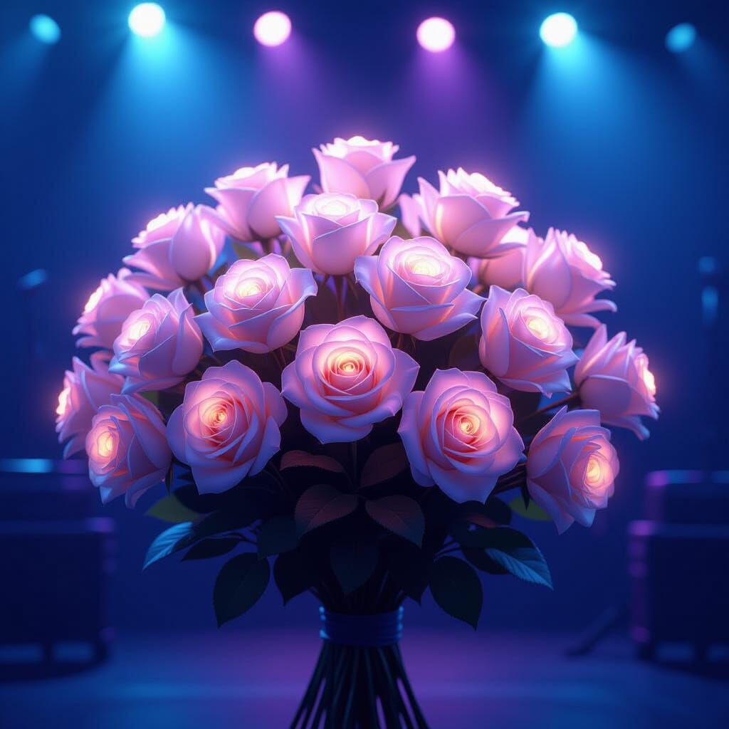 Glowing White Roses on Concert Stage: Cinematic Style