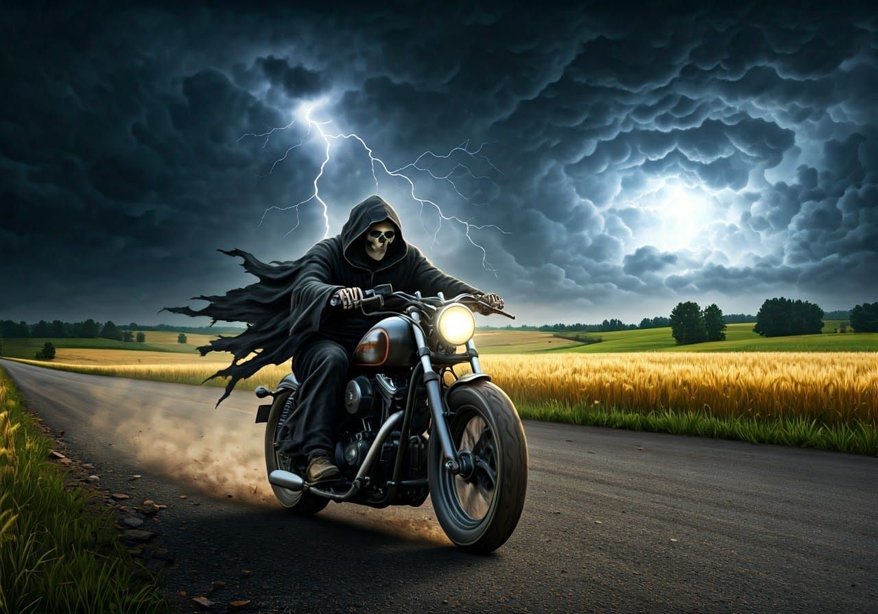 Grim Reaper Rides Motorcycle Through Storm