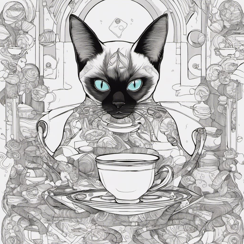 Siamese Cat's Space Tea Party: Coloring Page
