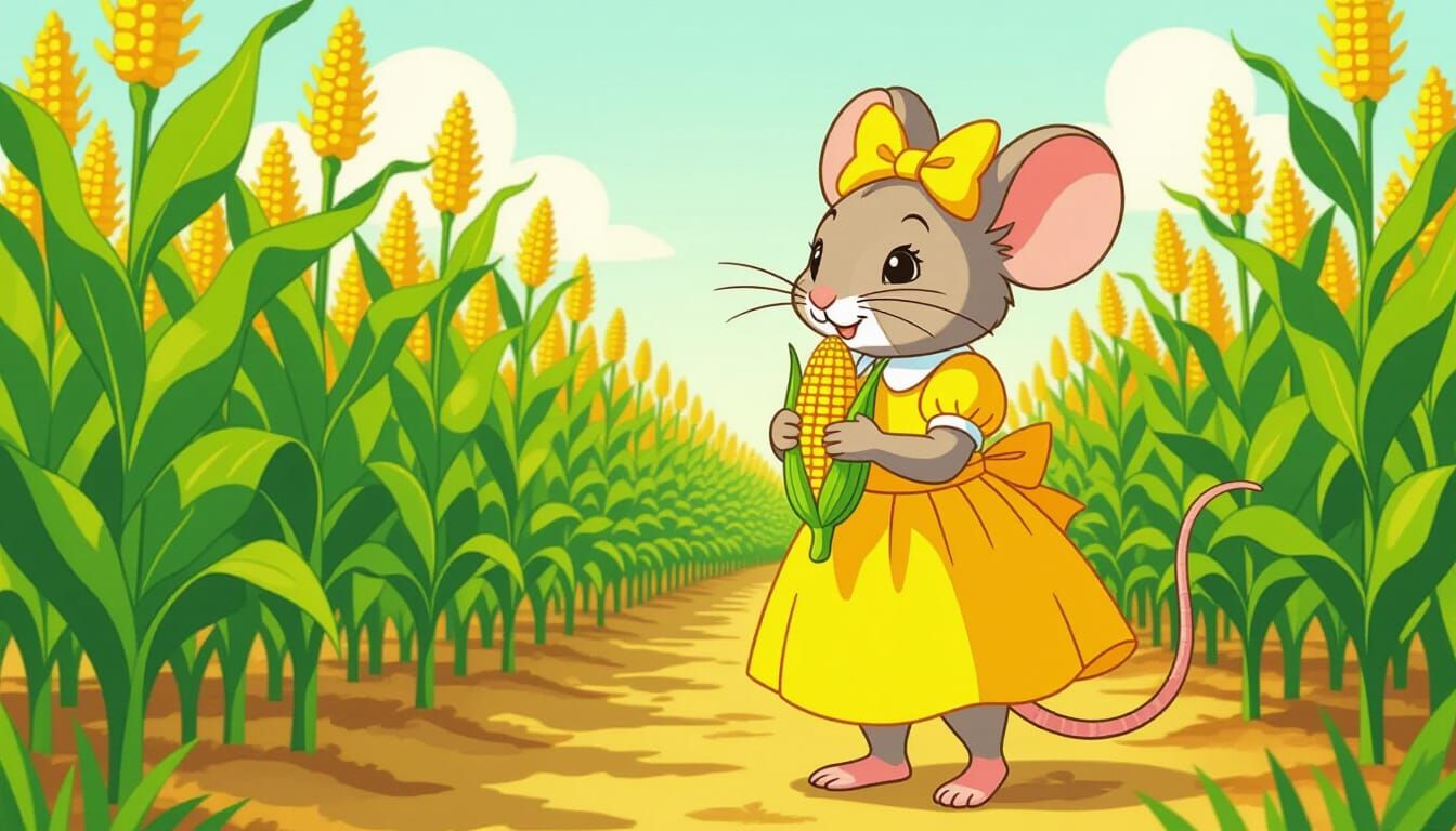 Cartoon Mouse with Corn in Sunny Cornfield