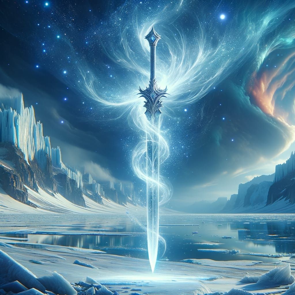 Luminous Frost Sword Radiates Celestial Power