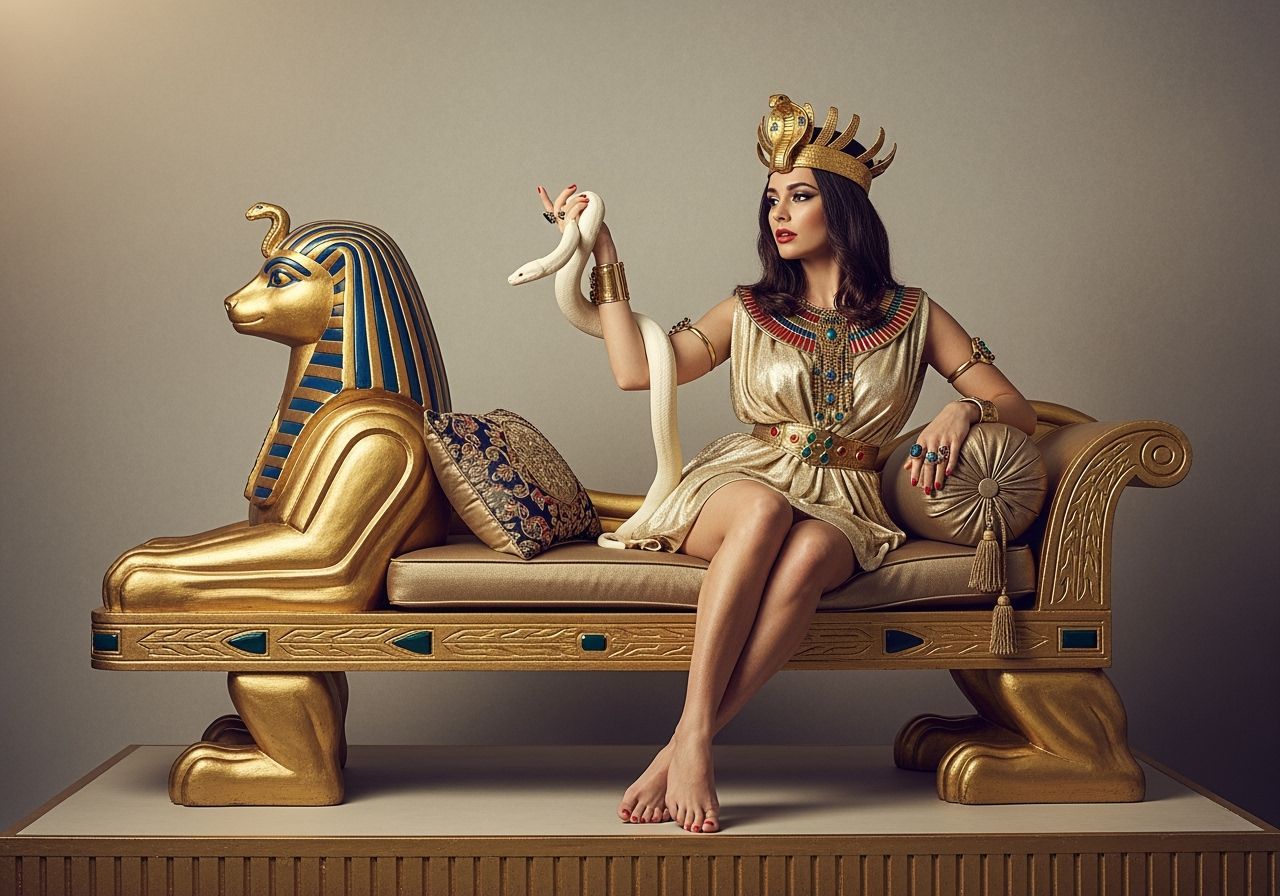 Egyptian Queen with Snake on Golden Chaise Lounge