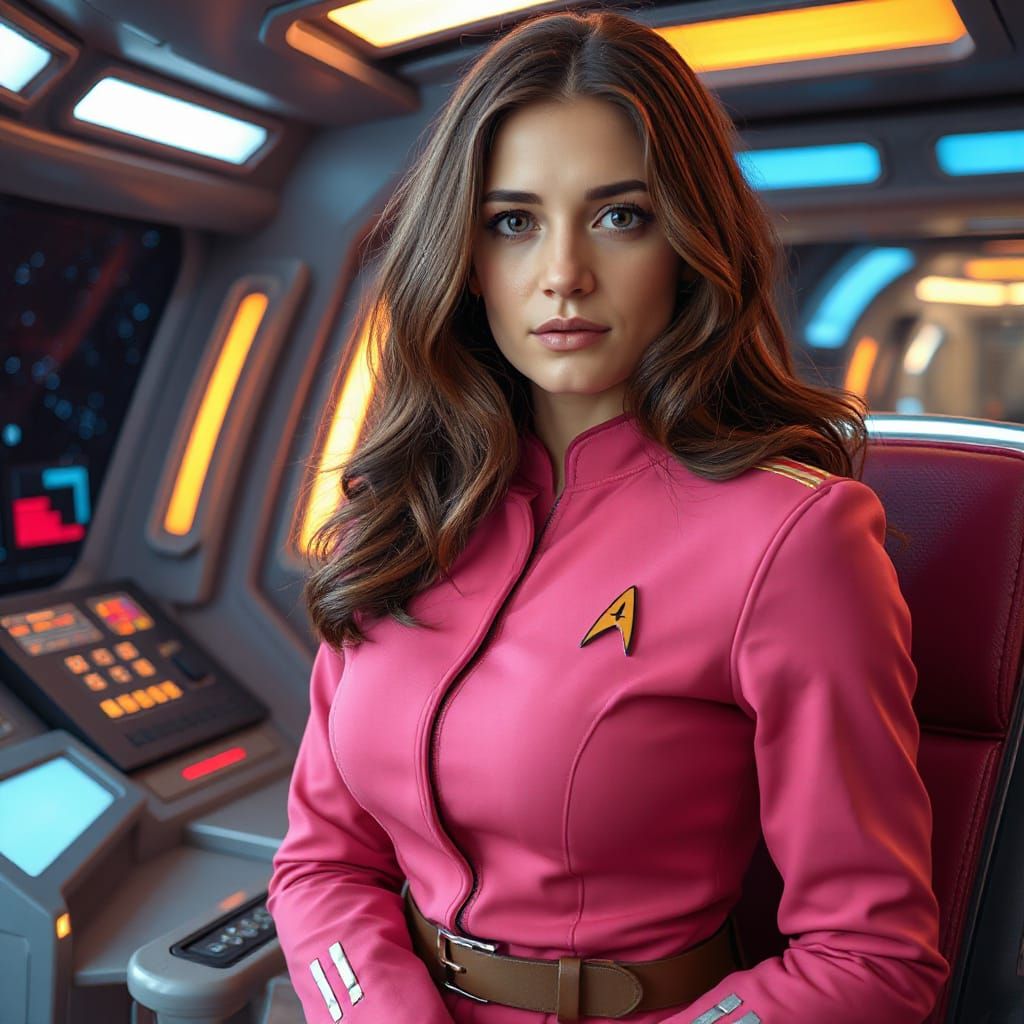 Woman in Star Trek Uniform on Spaceship Bridge