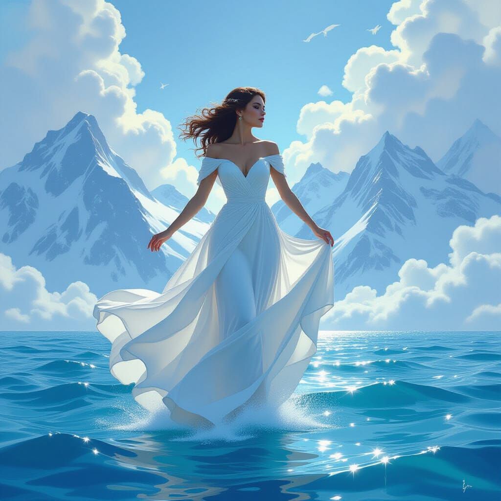 Woman Floating Above Ocean in Dreamlike Surrealism
