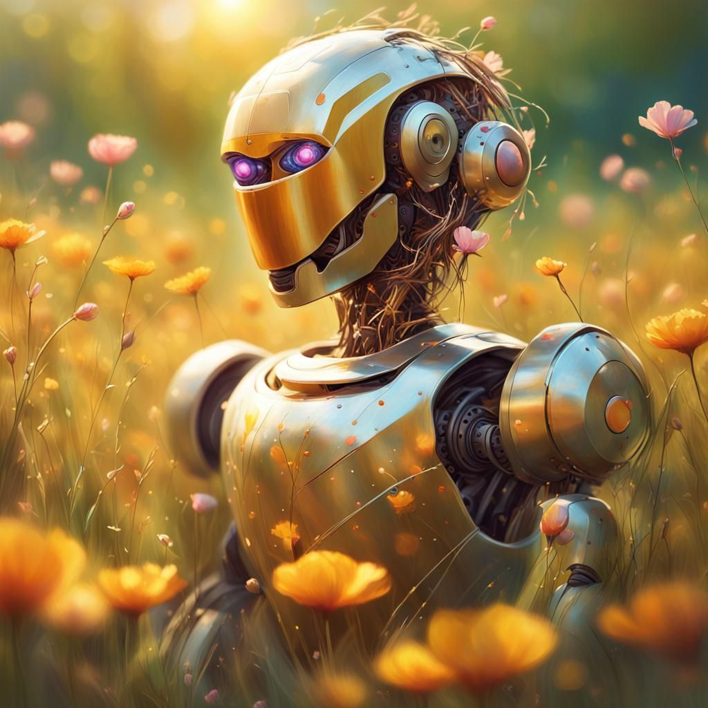 Robot with Petal Face in Impressionistic Oil Painting