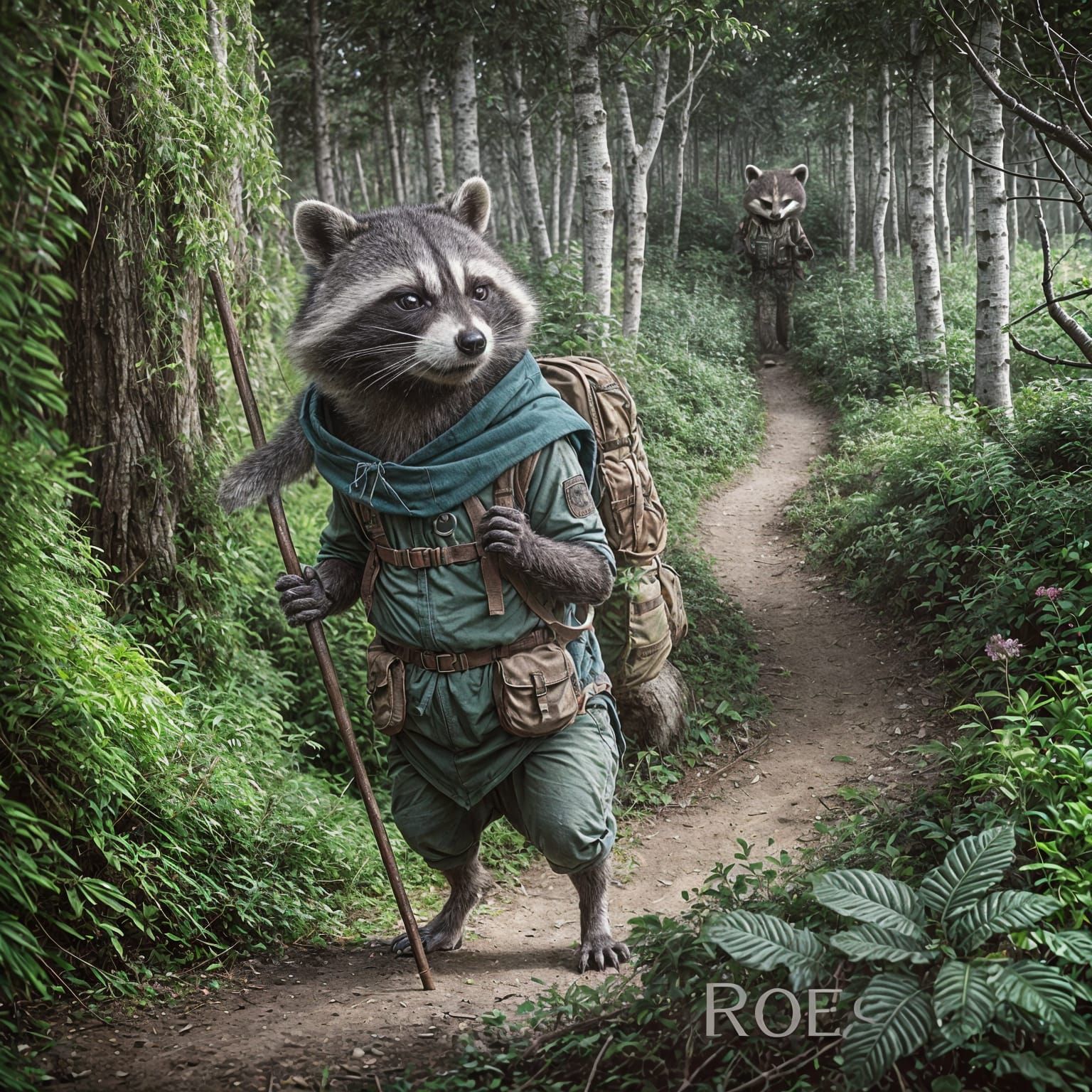 Mysterious Raccoon in a Haunting Forest Landscape