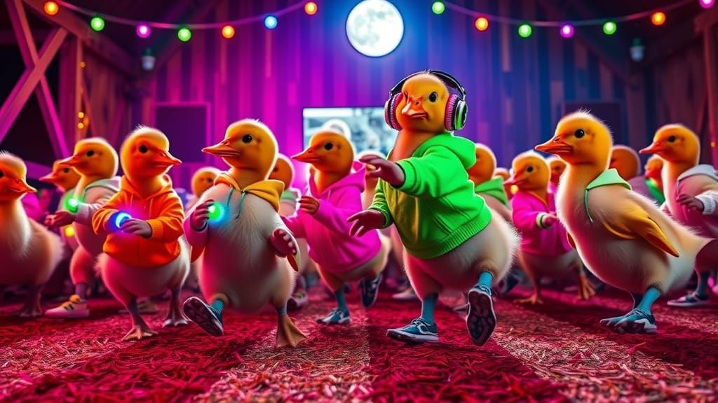 Duckling Rave in Moonlit Barn, Digital Art