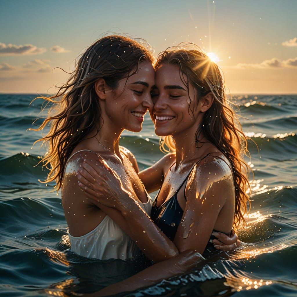 Girls Hugging in Sea: Photorealistic Digital Art