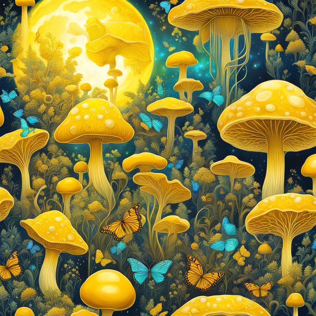Art Nouveau: Yellow Mushrooms, Moon, and Unicorn