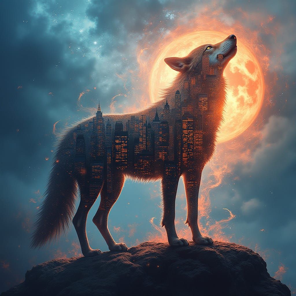 Surreal Wolf Silhouette Filled With Cityscape in Fractal Str...