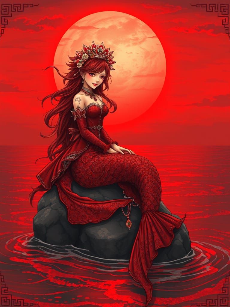 Fire Mermaid in Manga Style Sunset