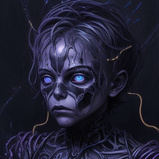 Eerie Child with Silver Eyes in Surrealist Style