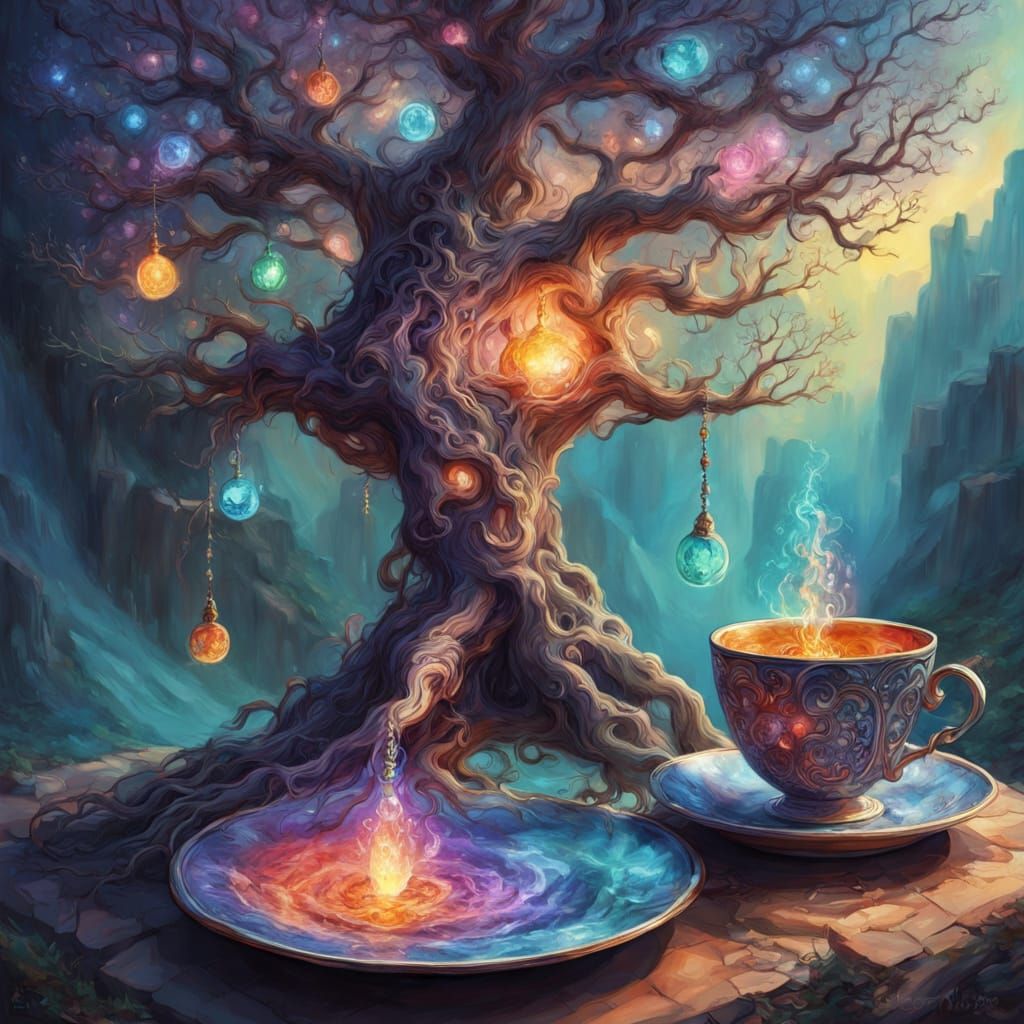 Psychedelic Tree of Life with Chakra Crystals in Teacup