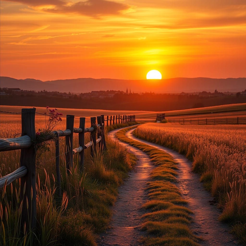 Golden Hour in a Serene Countryside Landscape