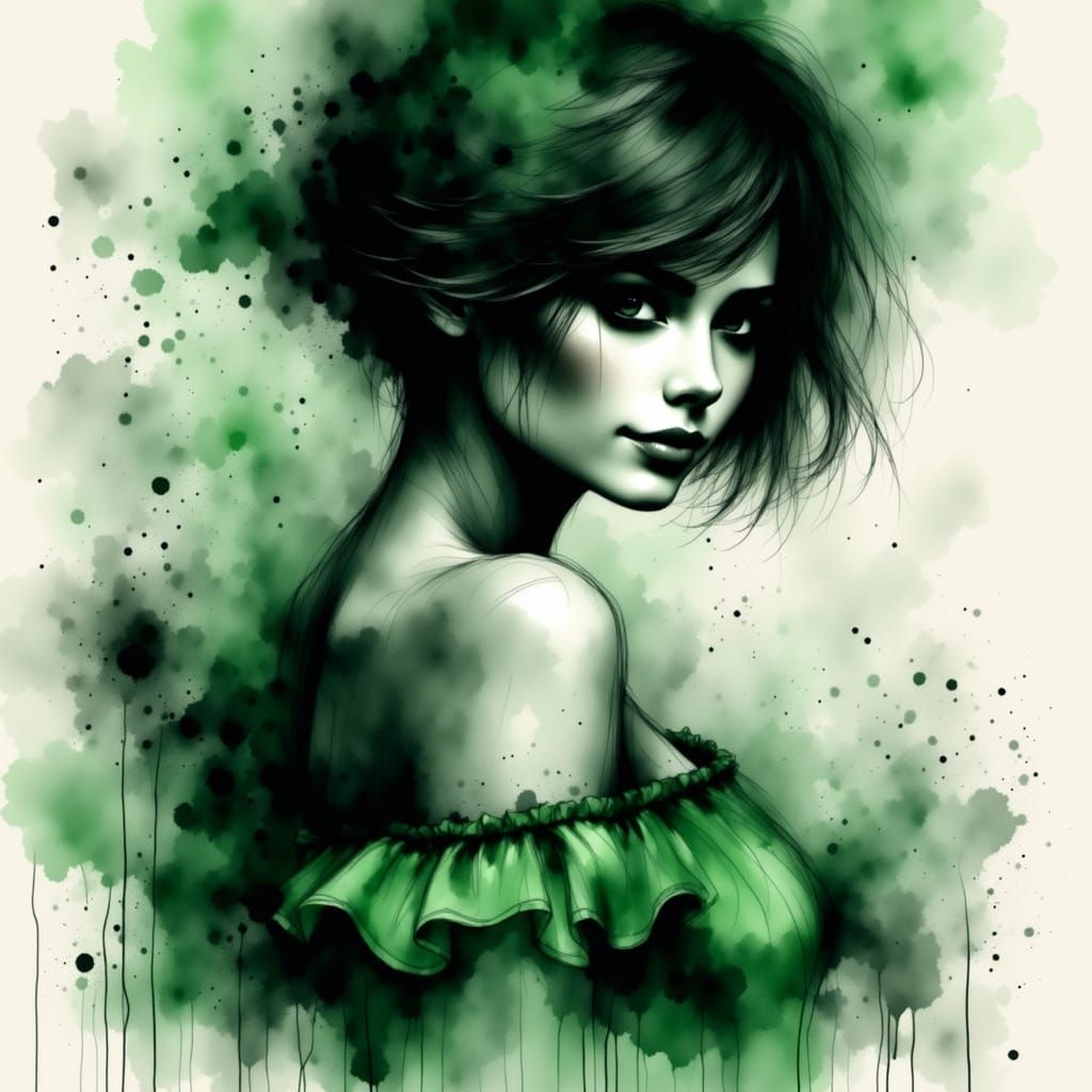 Enchanting Norse Goddess Portrait in Dark Green Ink