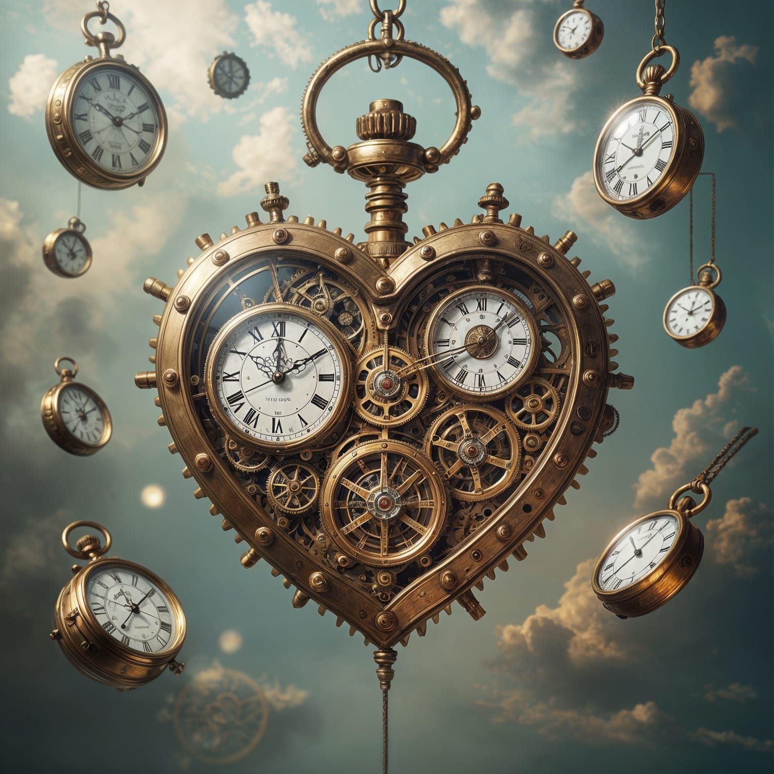 Clockwork Heart in a Dreamscape of Timepieces
