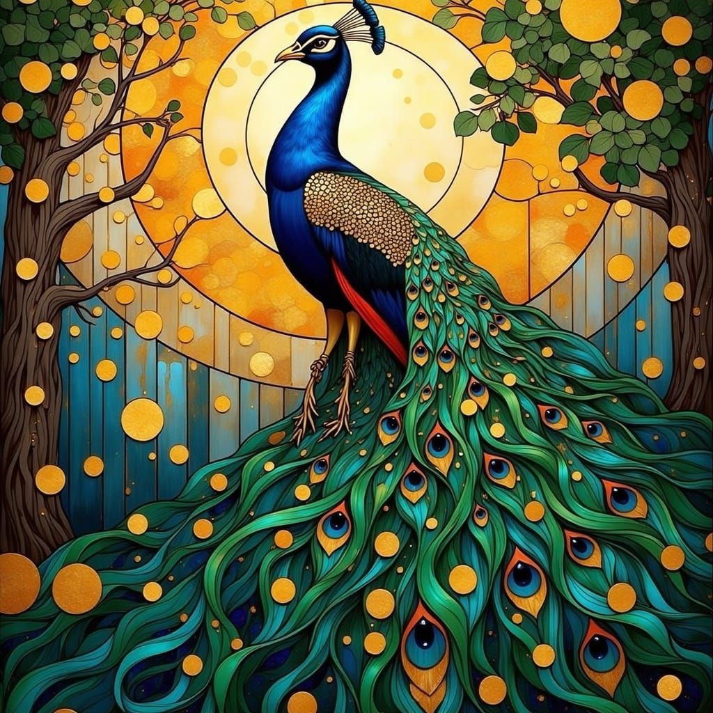 Regal Peacock in Art Nouveau Stained Glass