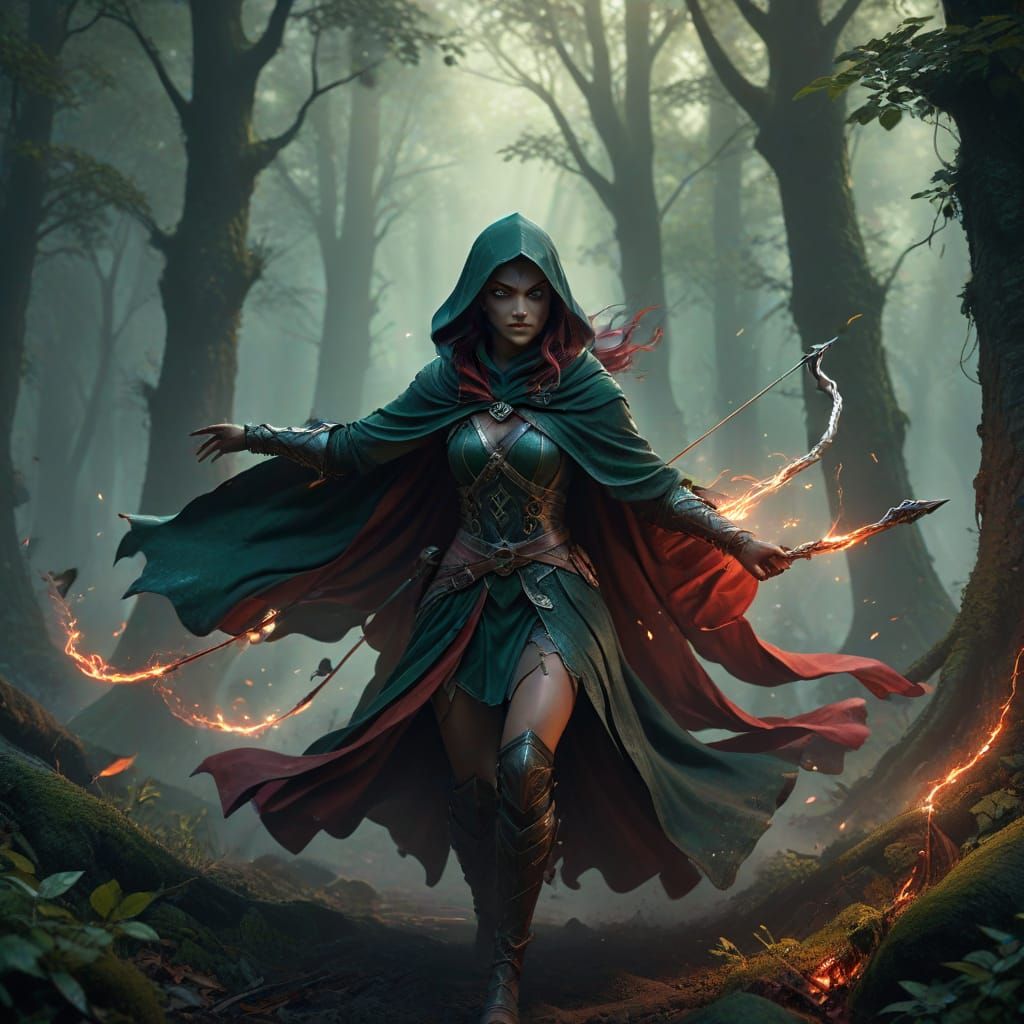 Dark Elf Ranger Leaps into Battle with Glowing Arrow