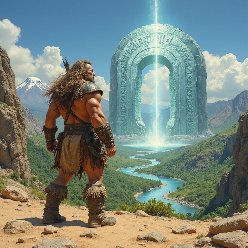 Muscled Barbarian Stands Before Shimmering Crystal Gateway