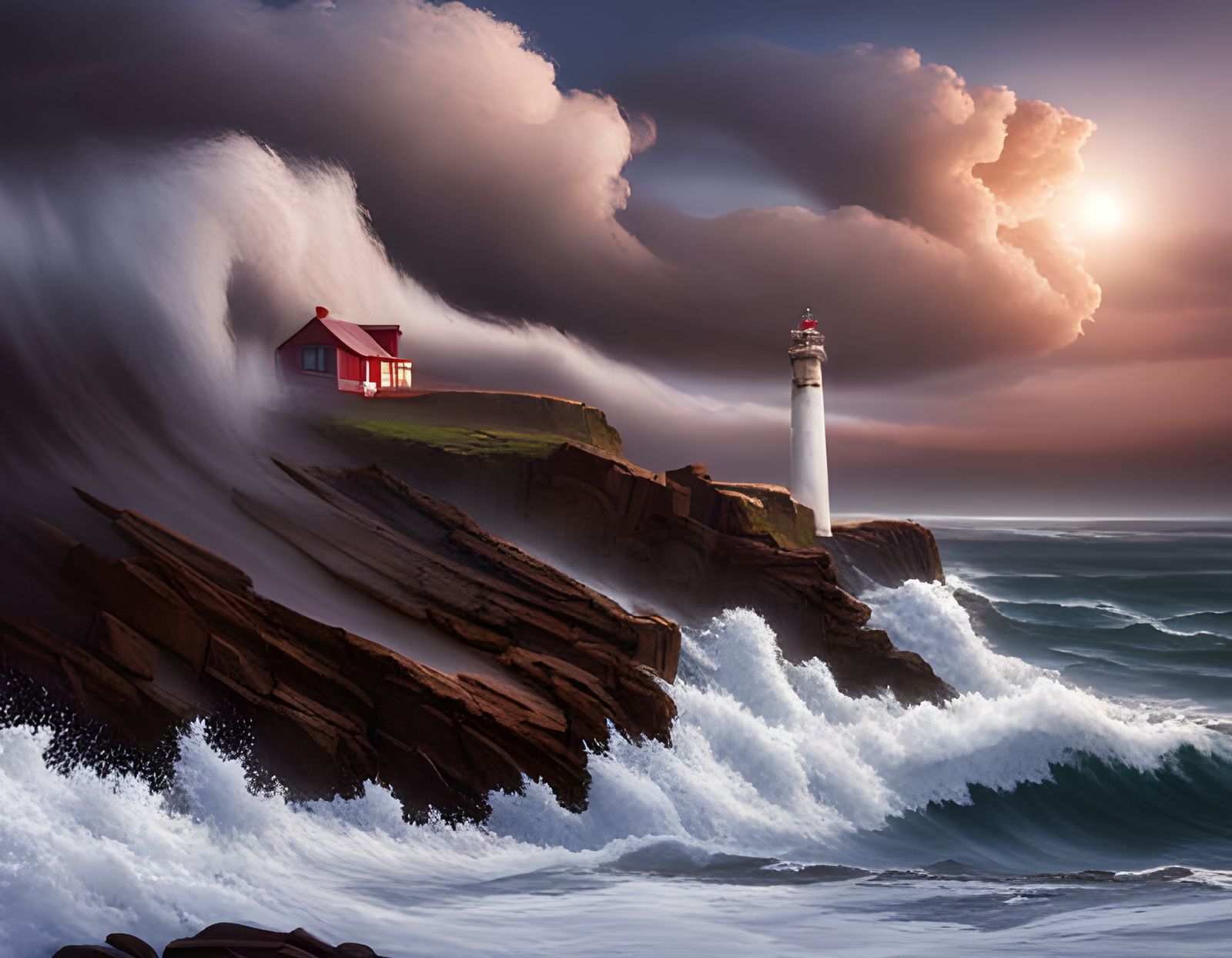 Violent Seascape: Lighthouse Under Towering Cumulonimbus