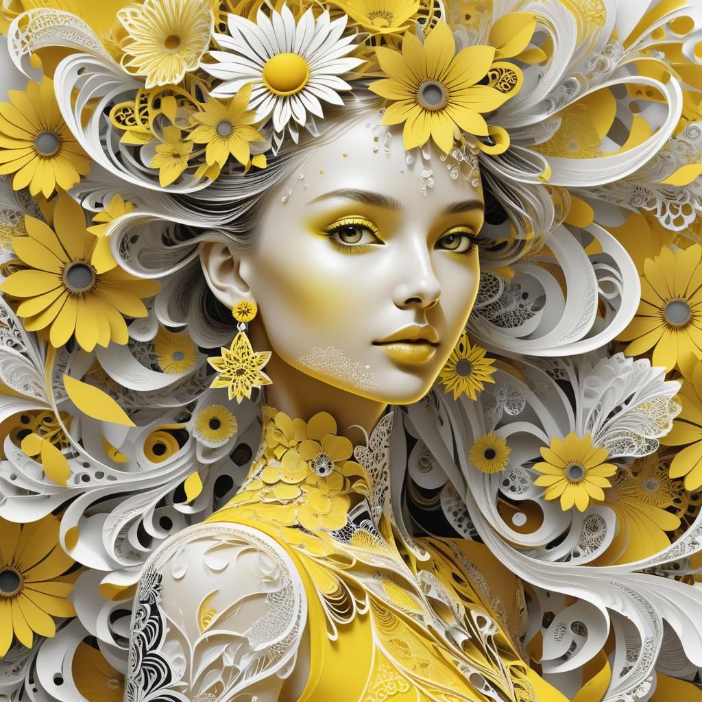 Girl in Yellow Dress with Fractal Sunflower Background