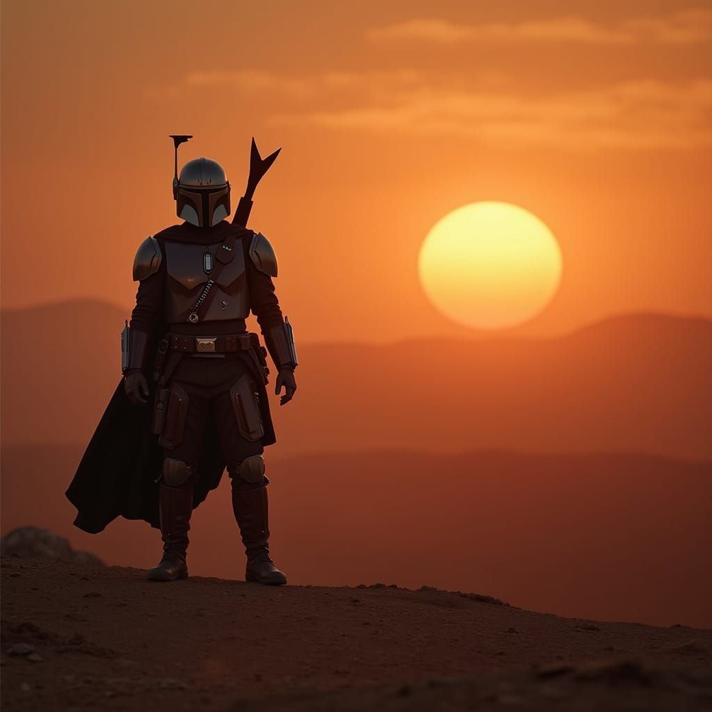 The Mandalorian in Exotic Sunset Landscape
