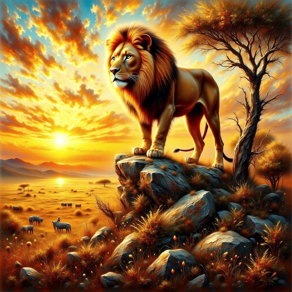 Lion Overlooking Savanna as Mixed Media Painting