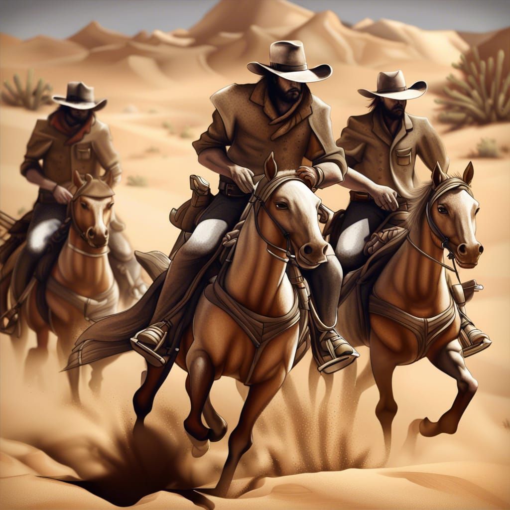 Cowboys Gunfight in Desert: Black and White Ink Drawing