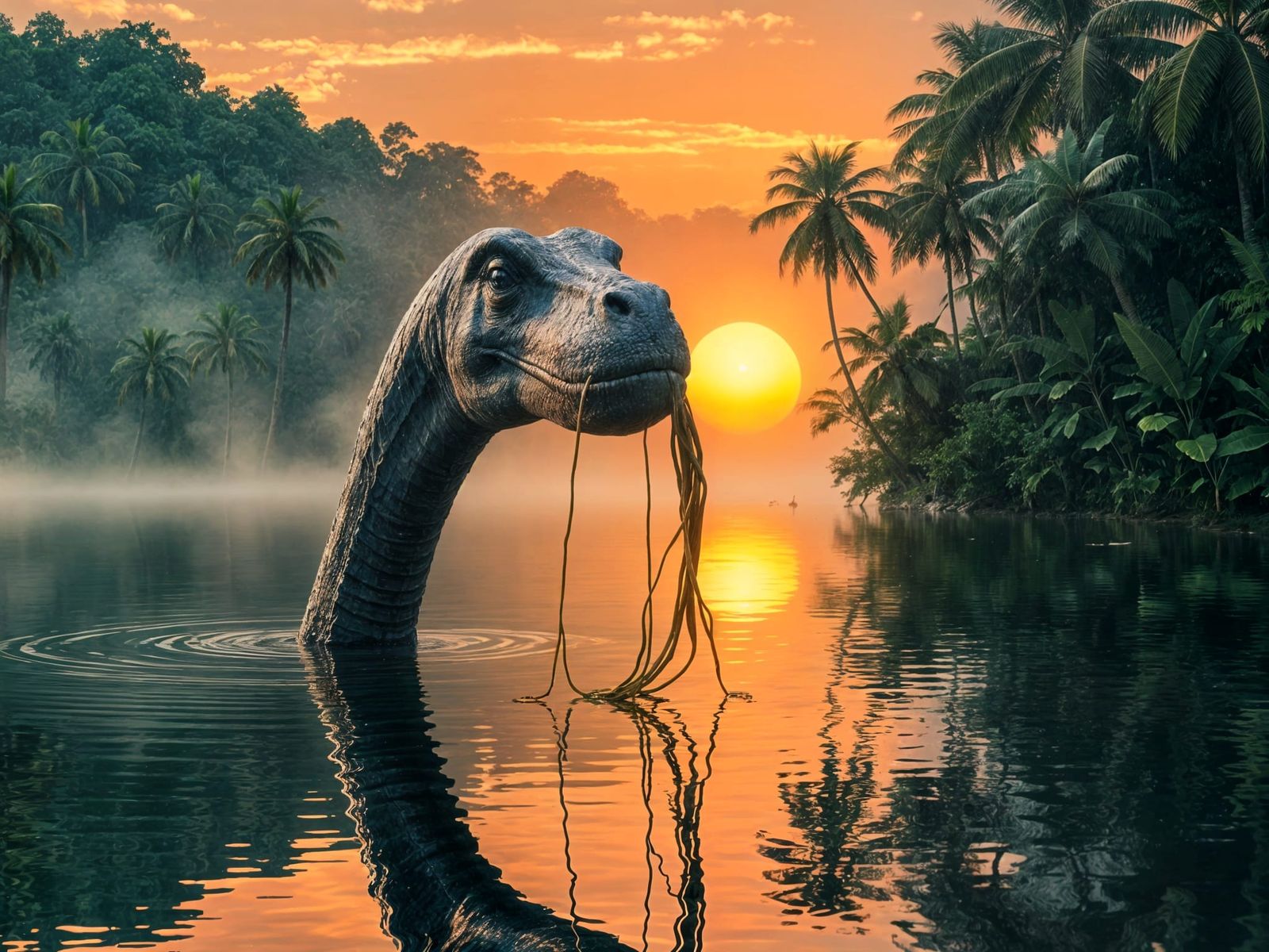 Surreal Diplodocus Awakens from Tropical Jungle Lake