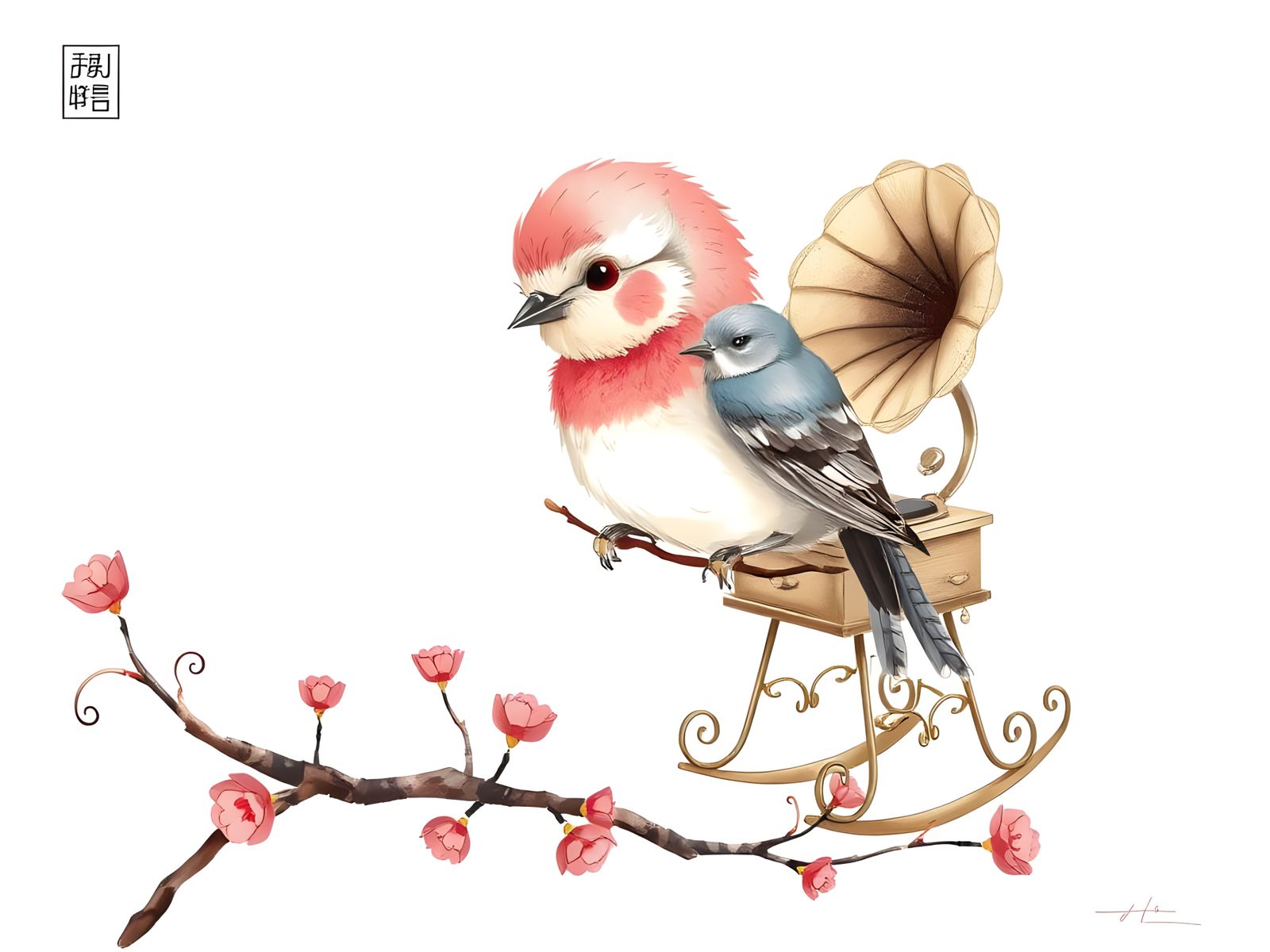 Victorian Baby Bird with Gramophone in Sumi-e Style