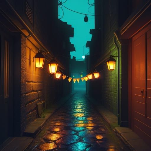 Glowing Lanterns in Dark Alley: Hyperrealistic Concept Art