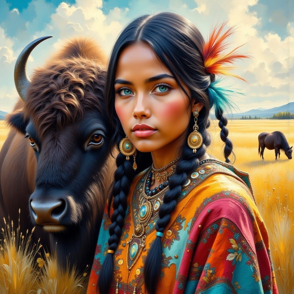 Sioux Woman with Bison: Impasto Oil Painting