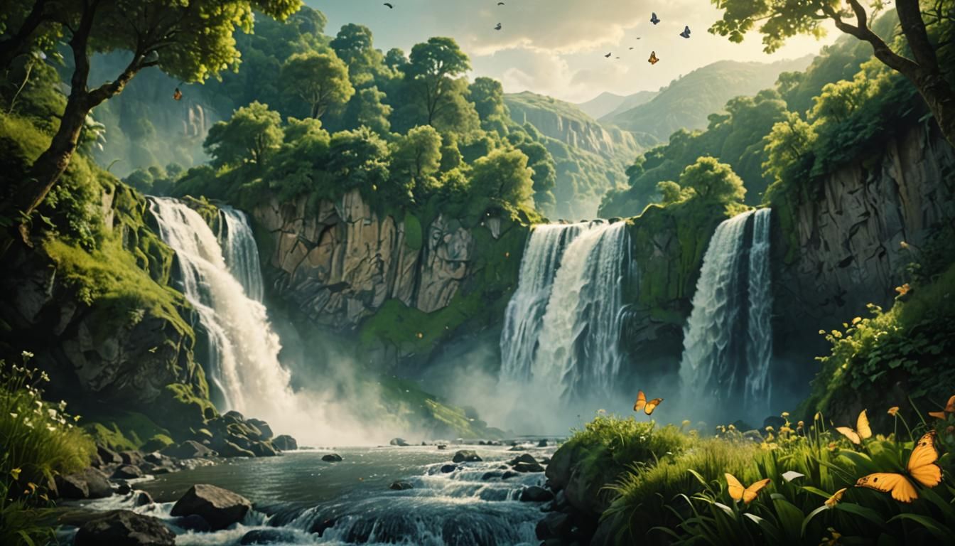 Fairytale Paradise: Waterfall Panorama with Butterflies