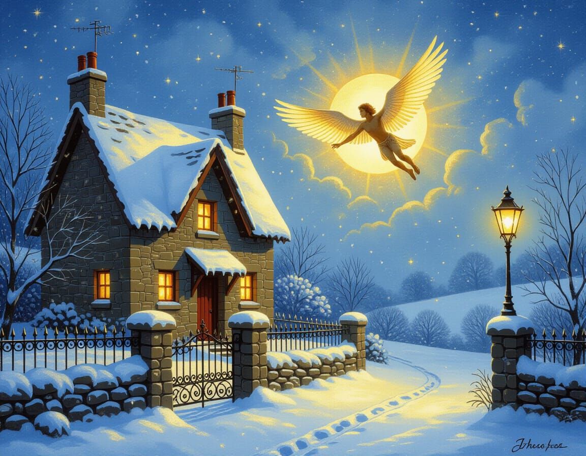 Magical Winter Cottage with Icarus in Surrealist Oil Paintin...