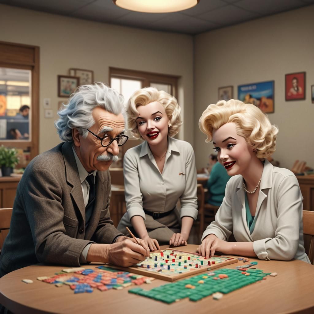 Einstein and Marilyn Play Scrabble: 3D Digital Art