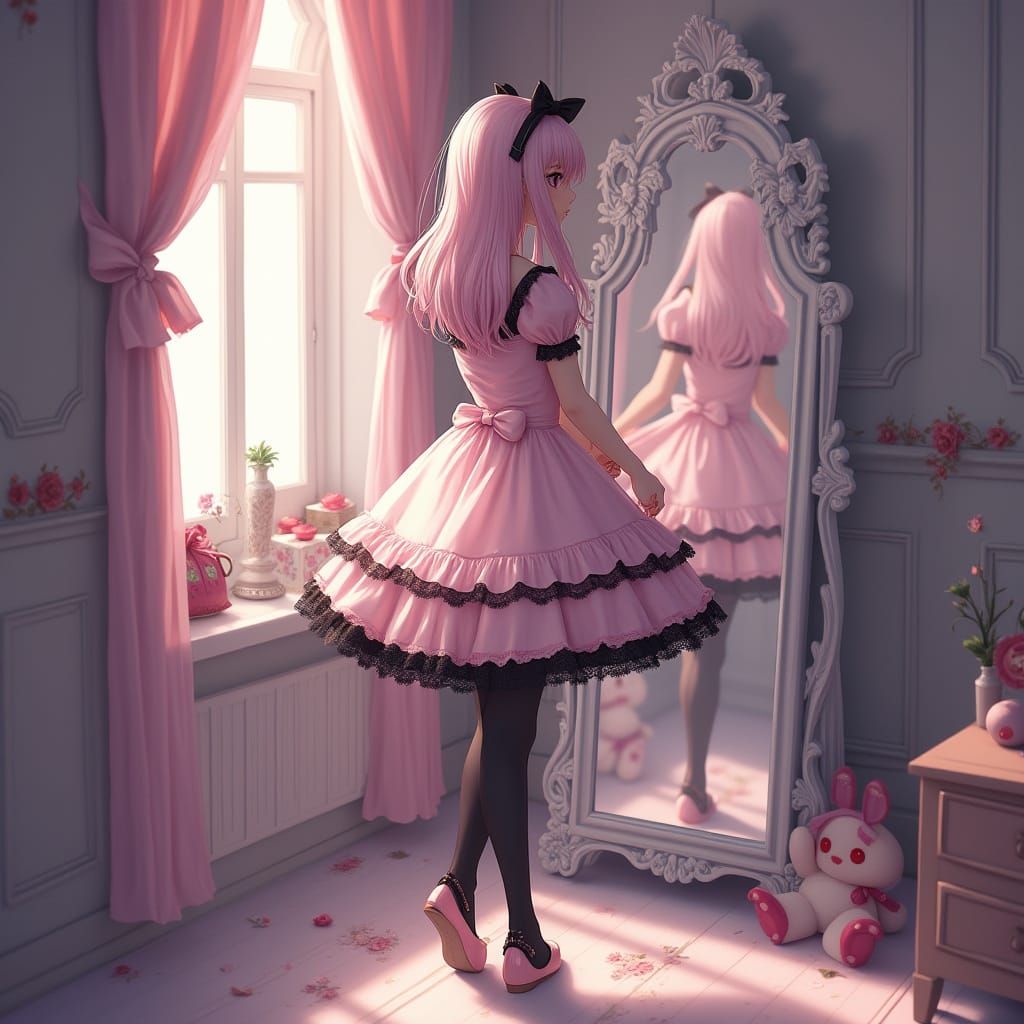 Anime Style Girl in Pastel Wardrobe with Floral Mirror