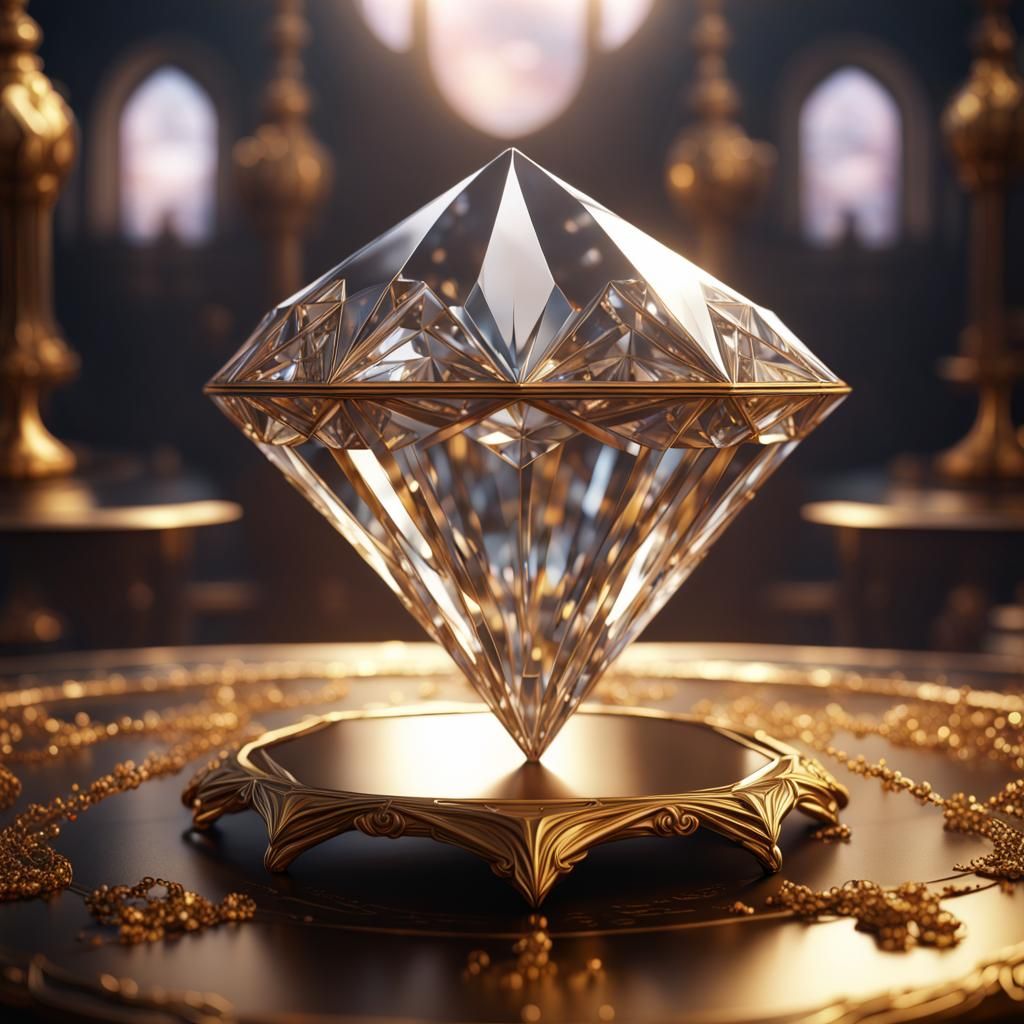 Clear Diamond on Golden Table in Detailed Matte Painting