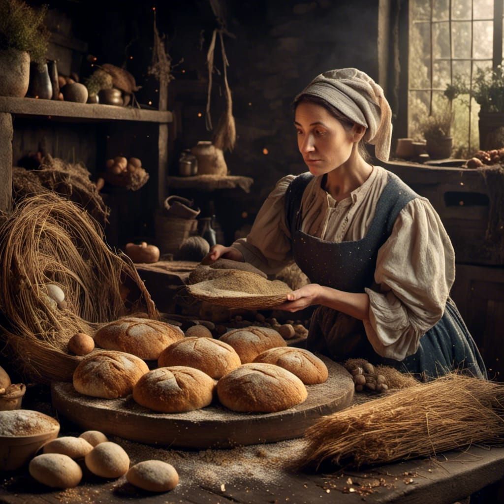 Woman dressed in 15th century farmers maid baking bread